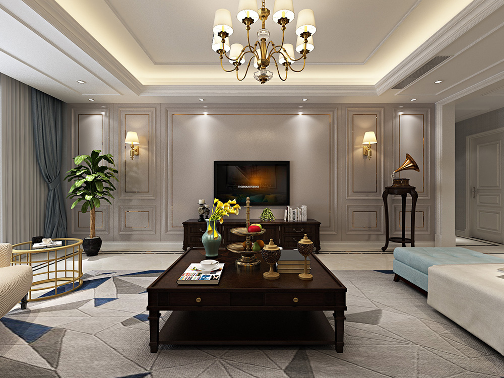 美式輕奢風格室內裝修設計效果圖-恒大濱江左岸四居133平米-室內背景墻裝修設計 美式輕奢風格室內裝修設計效果圖-恒大濱江左岸四居133平米-室內背景墻裝修設計