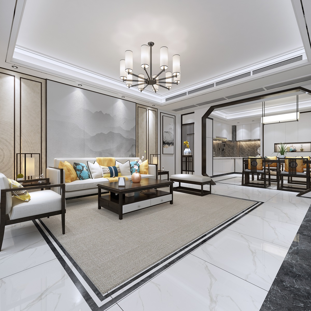 佛山市綠地·拾野川新中式風(fēng)格三居室裝修案例