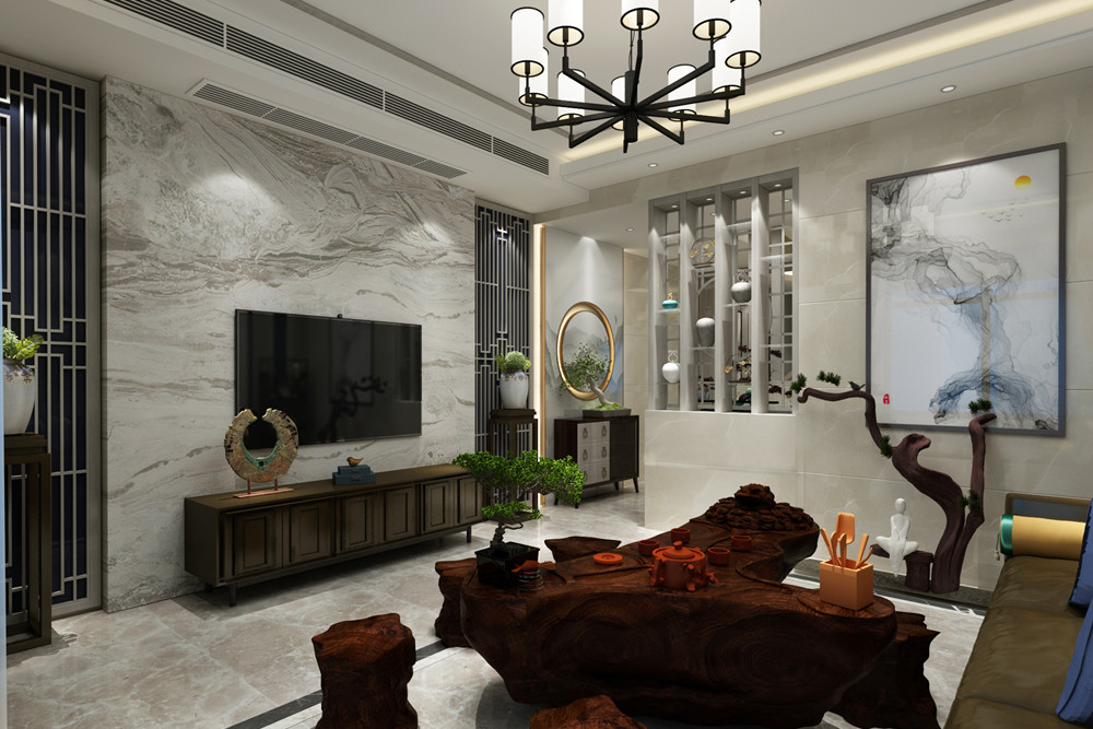 梧州市豐澤半山華府新中式風(fēng)格三居室裝修案例